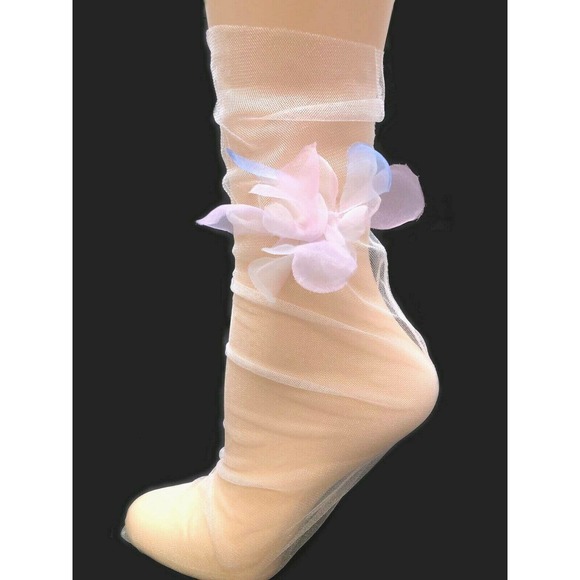 Accessories - Ultra Sheer White Tulle Socks with Pastel Color Flower Thin Mesh Hosiery OS